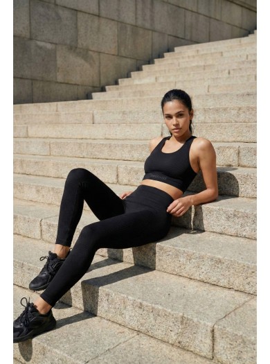 Leggings Slim à Côtes Noir